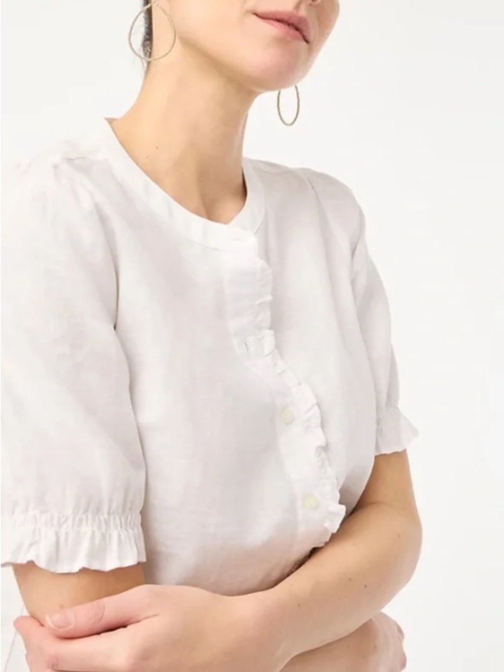 J. Crew White Ruffle-Front Short Sleeve Blouse